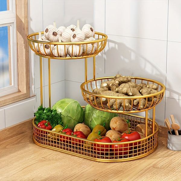 Elegant Multi-Tier Metal Fruit Basket - Golden Wire Oval Design | Perfect for Snacks, Cakes & Desserts | Ideal for Easter, Thanksgiving, Christmas Outdoor Celebrations, Outdoor Dining Accessory|Multitier Design|Sturdy Structure, Fruit Decor