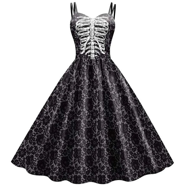 Women’s Halloween Skeleton Rose Dress – Elegant Gothic Print Rockabilly Costume for Carnival, Party, or Christmas Holiday Celebrations