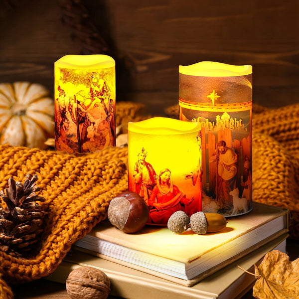 Flameless LED Christmas Candles – 3pcs Battery-Powered Holy Night Lights Candle with Timer Featuring Nativity Scene for Warm Holiday Home Ambience