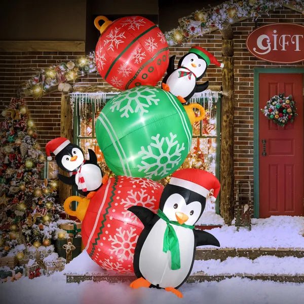 Inflatable Lighted Christmas Penguins & Colorful Balls Decorations – 8.9 FT Festive Penguins & Colorful Balls for Fun Yard Display