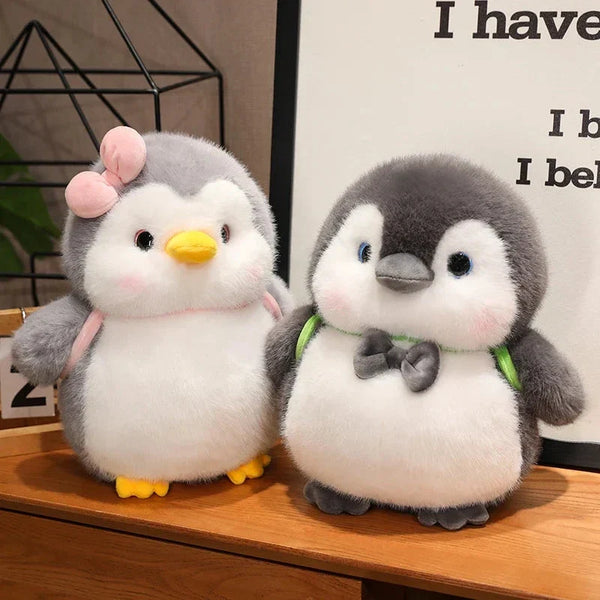 Fluffy Gray Penguin Plushie with Turtle Backpack