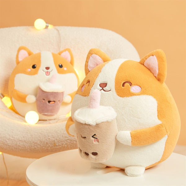 Fluffy Round Chubby Corgi Bubble Tea Plushie