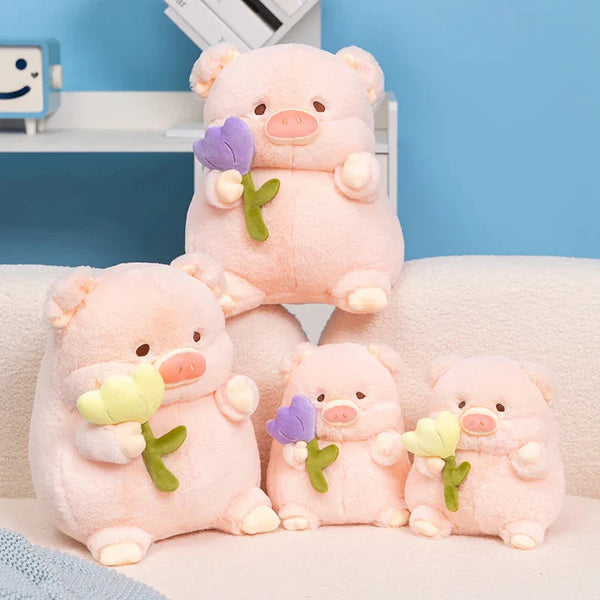 Kawaii Chunky Pig holding Flower Plushie