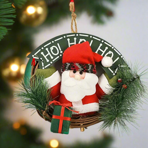 Rustic Christmas Wooden & Rattan Wreath with Santa, Snowman, and Elk Dolls – Enchanting Holiday Charm Perfect Festive Door Ornaments