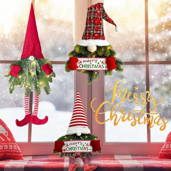 Santa Gnome with Christmas Wreath and Sparkling LED Lights – Perfect for Front Door, Wall, or Window Festive Magic