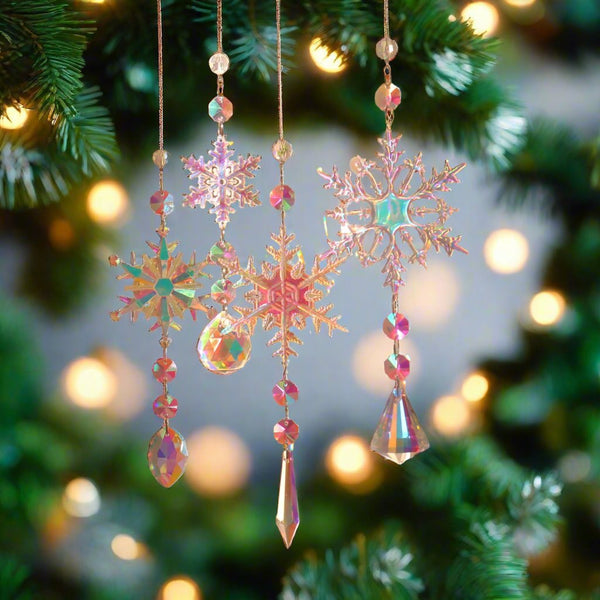 Snow Flake Crystal Sun Catcher - Set of 4 – Add Colorful Enchantment to Your Christmas Decor