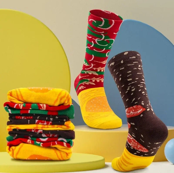 Sushi Mid-Calf Socks Gift Set – 3-Pair Harajuku Cotton Socks with Playful Pizza, Burger & Sushi Designs, Perfect for Christmas or Birthday Surprises