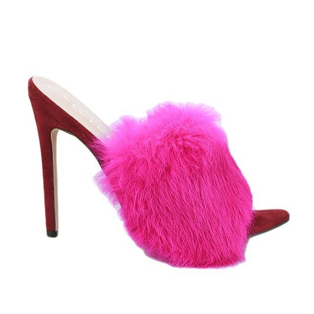 New European Station Sandals Candy Color Luxury Rabbit Fur Slippers