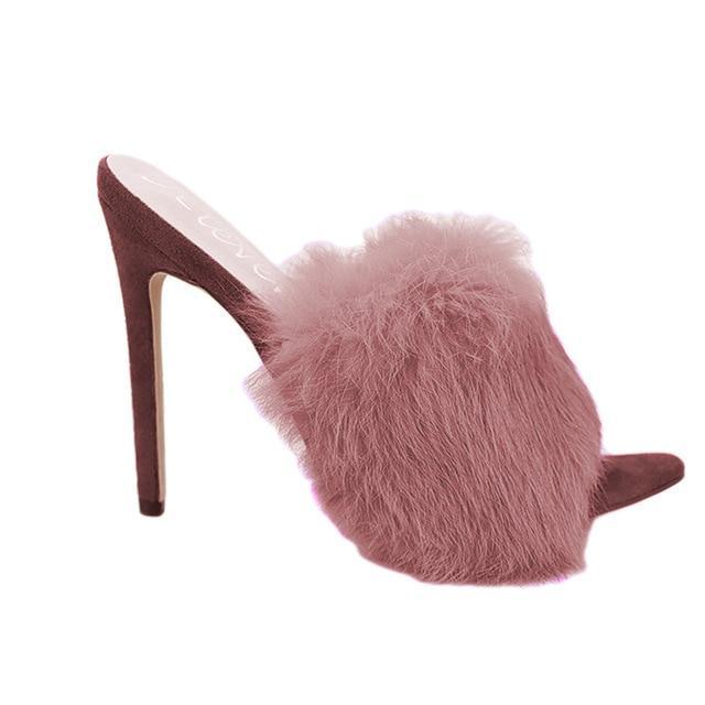 New European Station Sandals Candy Color Luxury Rabbit Fur Slippers