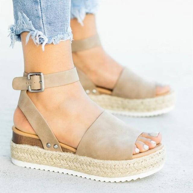 Summer Womens Casual Espadrilles Trim Rubber Sole Flatform Studded Wedge Buckle Ankle Strap Open Toe Sandals