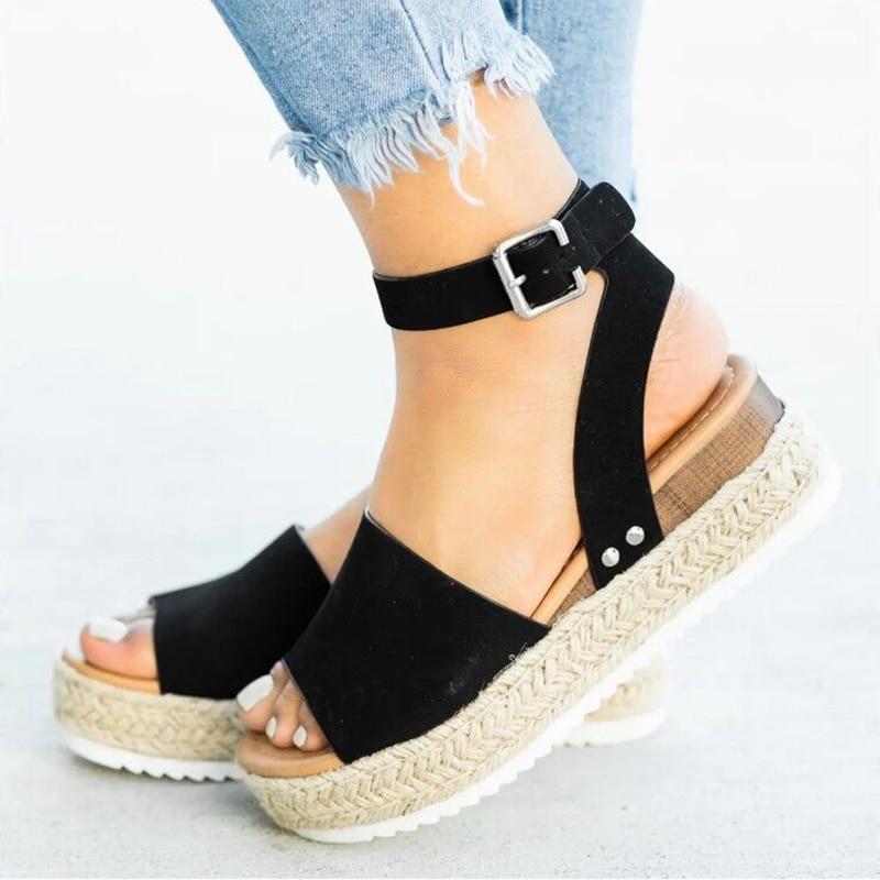 Summer Womens Casual Espadrilles Trim Rubber Sole Flatform Studded Wedge Buckle Ankle Strap Open Toe Sandals