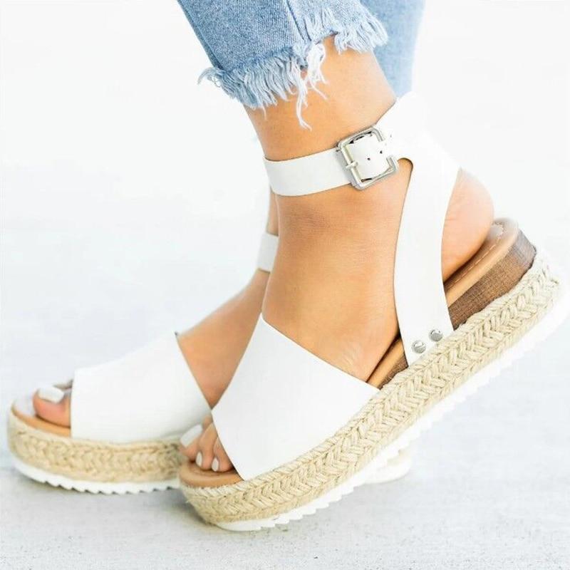 Summer Womens Casual Espadrilles Trim Rubber Sole Flatform Studded Wedge Buckle Ankle Strap Open Toe Sandals