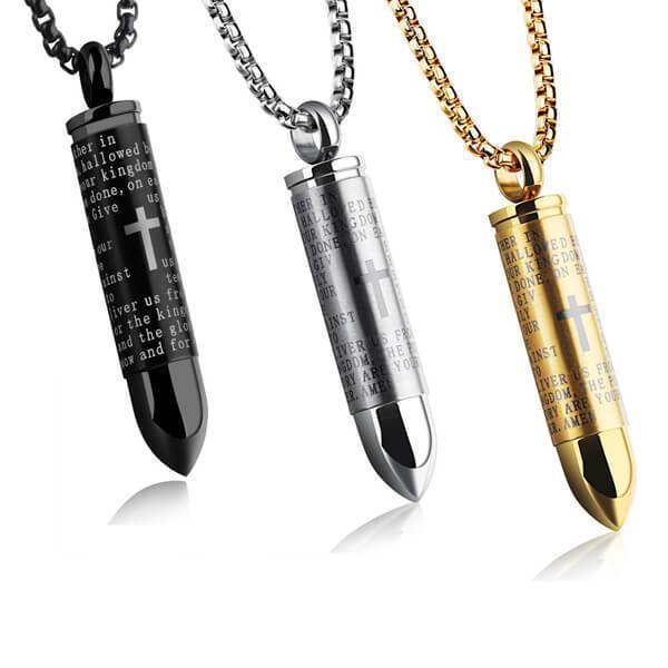 Lords Prayer Bullet Stainless Steel Cross Pendant Necklace Ashes Urn