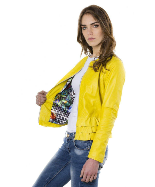 Women's leather jacket flounces yellow