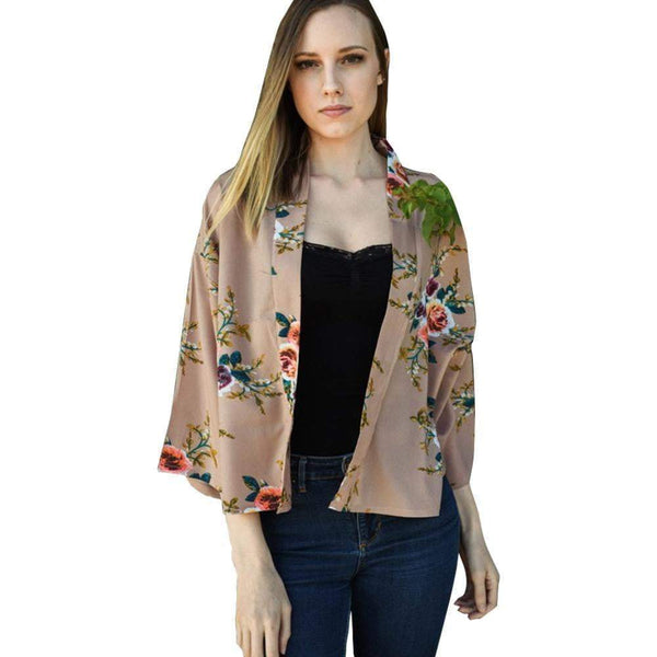 Elegant Mocha Rose Floral Kimono