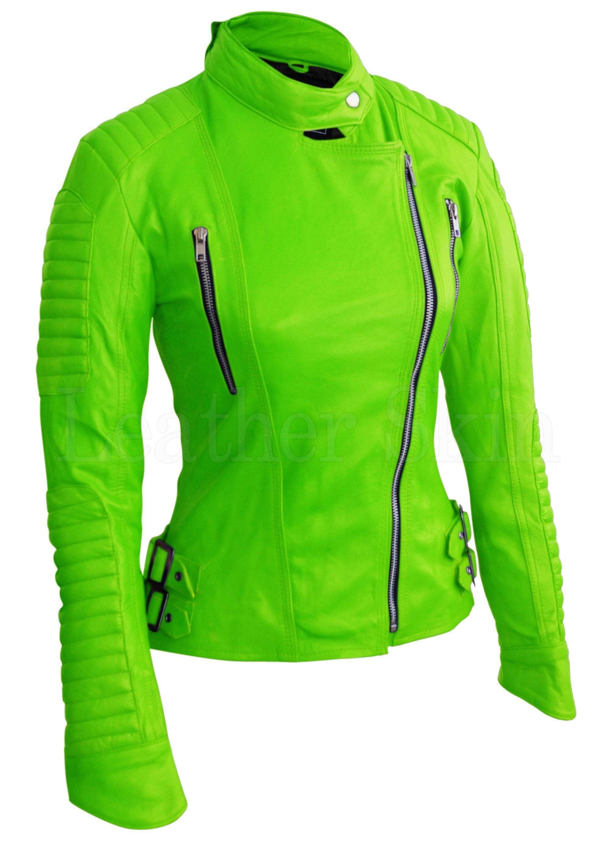 Women Parrot Green Padded Leather Jacket