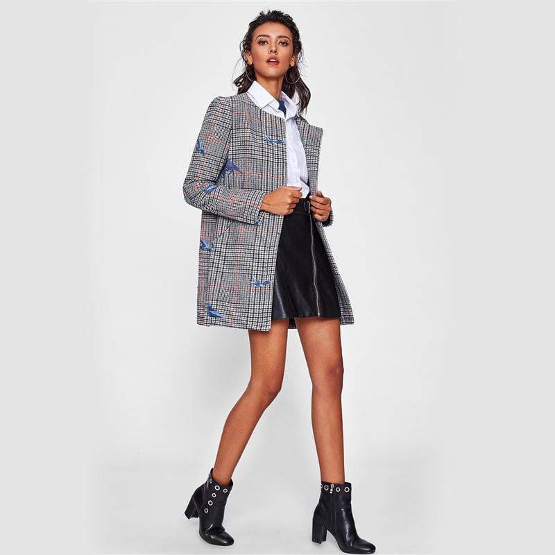 Bird Embroidered Hidden Zip Plaid Coat