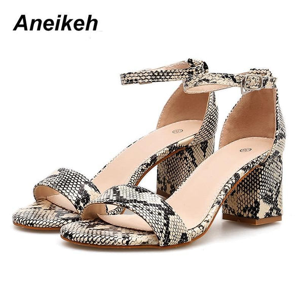 Leopard Print Women Sandals High HeelsAnkle Strap Square Heel