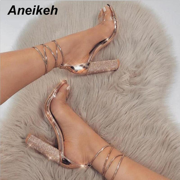 Aneikeh Women High Heels Sandals Square Heels Crystal Heeled Platform Shoes