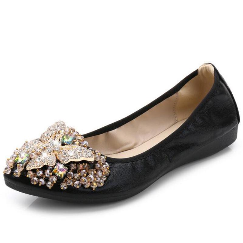 Luxury Rhinestone Ballet Flat Shoes Women Butterfly Pointed Toe Golden Shoes Loafers