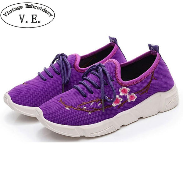 Women Embroidery Loafers Solid Lace Up Breathable Shoes