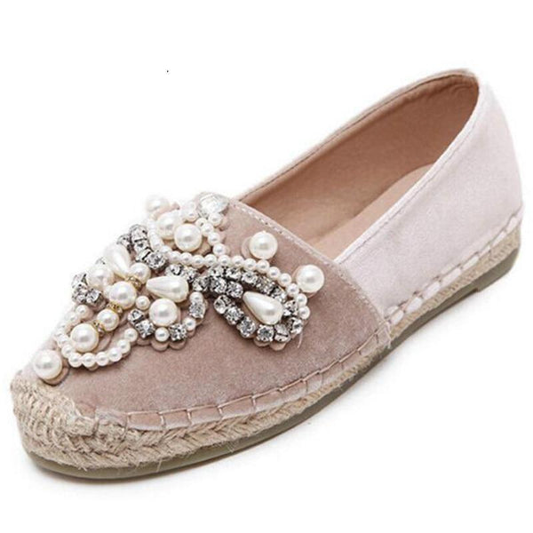 Women Loafer Round Toe Espadrilles Pearl Comfortable Hemp Bottom Women Shoes