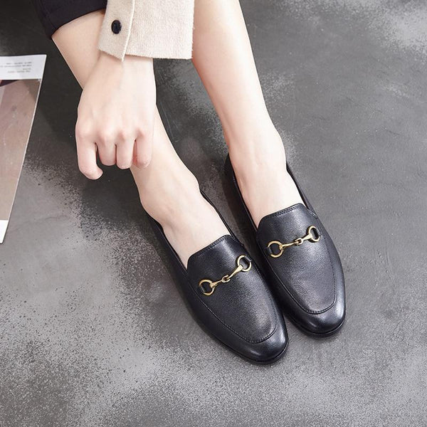 Flats Basic Shoes Women Loafers Cow Leather Metal Decoration