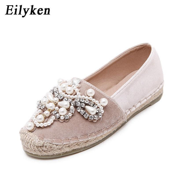 Women Loafer Round Toe espadrilles Pearl Comfortable Hemp Bottom Women Flats Shoes