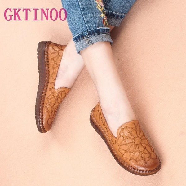 Casual Genuine Leather Flat Shoe Flower Slip On Driving Shoe