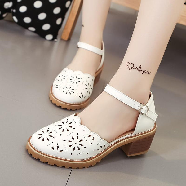 Hollow-Carved Women Sandals  Style Retro Platform White Sandals