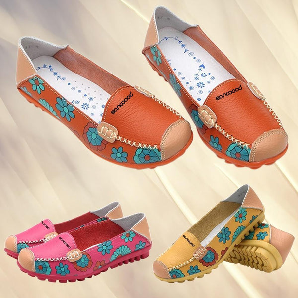 New Hot Fashion Women Faux Leather Flat Heel Casual Flower Pattern Loafer