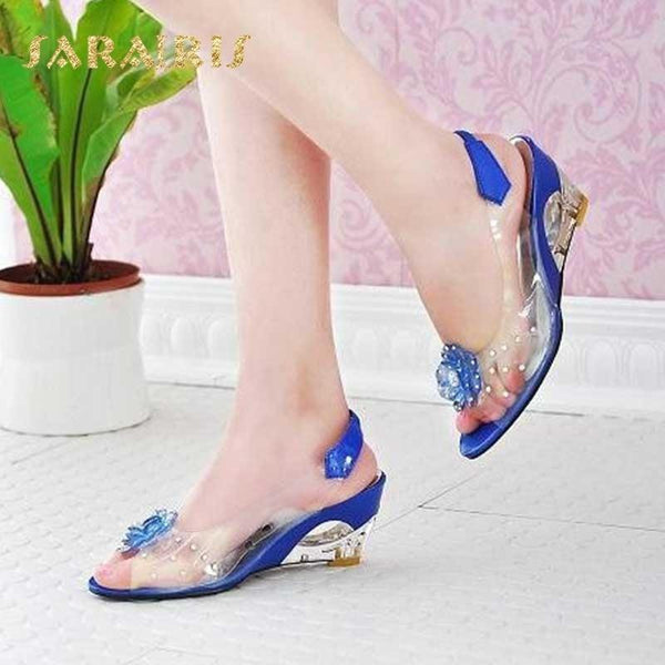 large size 30-43 Fashion  Rhinestone Flower wedge High Heels Casual Jelly Shoes