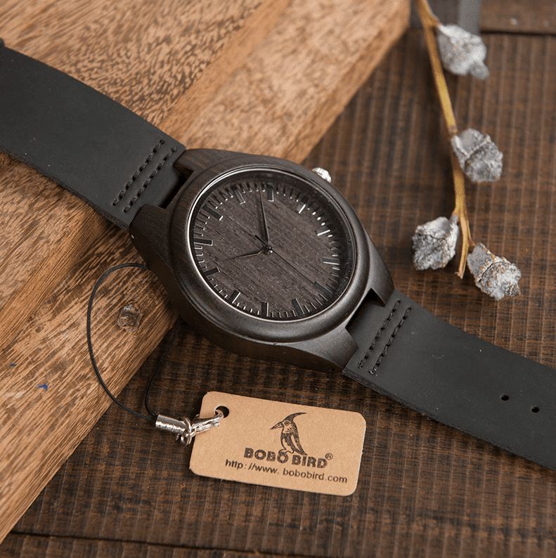 Mens Black Wooden Watch With Real Leather - Quartz, Natural Ebony Wood