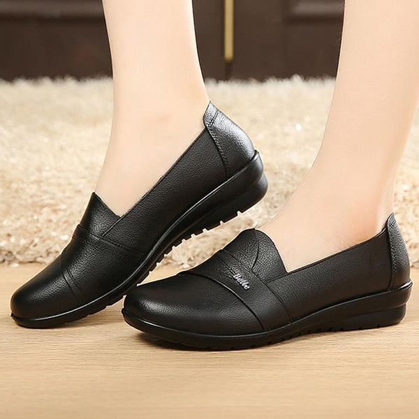 Slip-on loafers flats women shoes genuine leather flats size 35-41 round toe solid black shoes