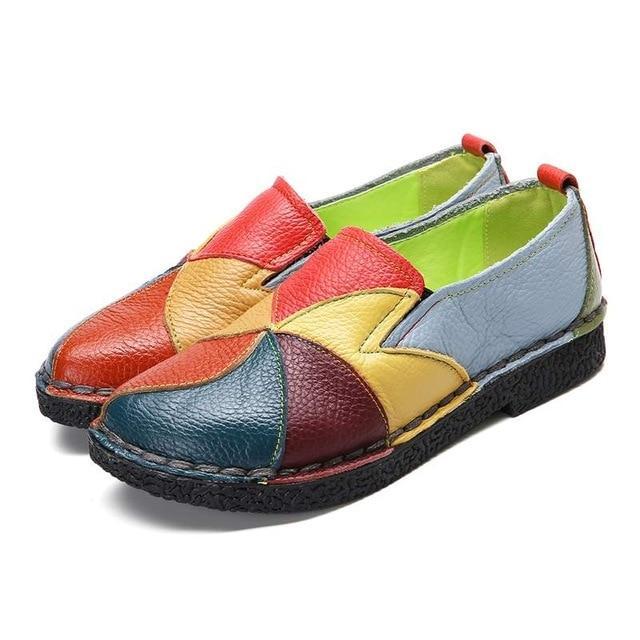 Socofy Vintage Genuine Leather Splicing Loafers Retro Soft Sole Non-slip Flats Shoes