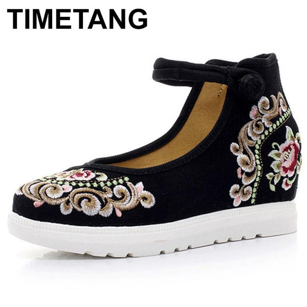 High End Floral Embroidered Women Canvas Flat Platforms Mid Top Ankle Strap shoes