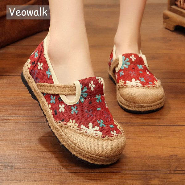 Slowflake Embroidered Women Linen Cotton Espadrilles Loafers