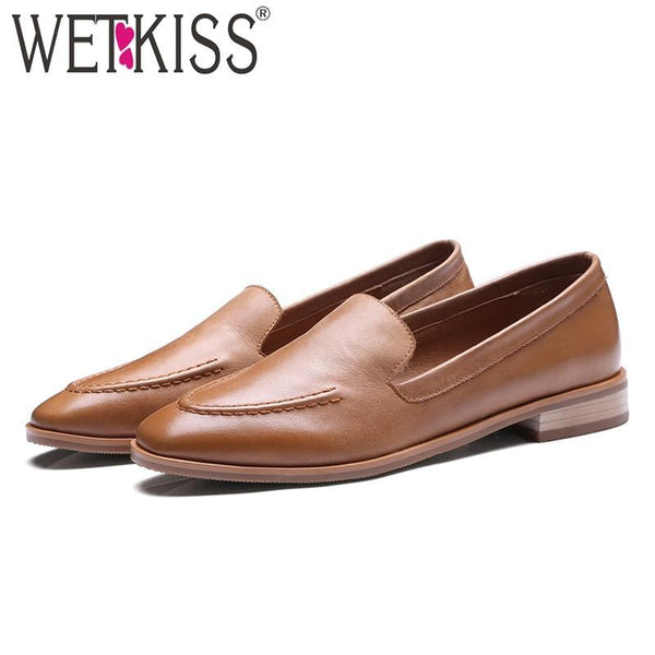 New Arrival Genuine Leather Women Flats Slip On Square Toe Sewing Footwear