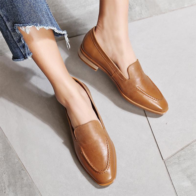 New Arrival Genuine Leather Women Flats Slip On Square Toe Sewing Footwear