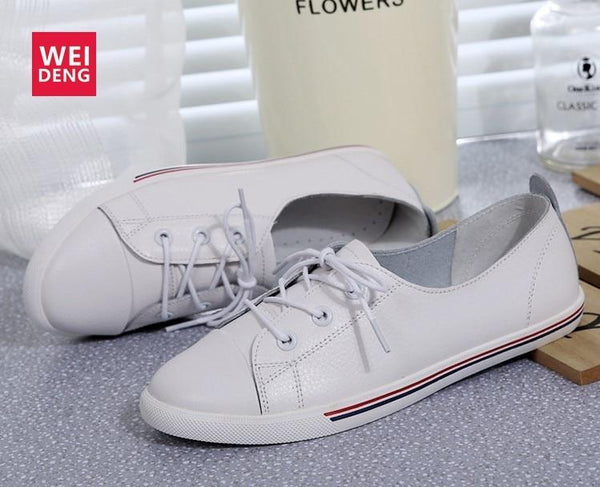 Genuine Leather Women Flats White Soft Soled Pointed Toy Preppy Style Lace Up shoes