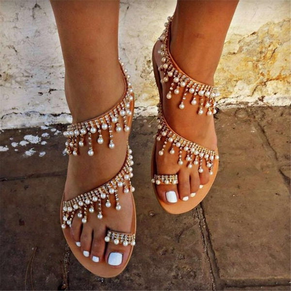 Women sandals summer flat pearl sandals