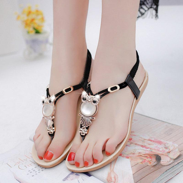 fashion women sandals elastic t-strap bohemia beaded owl slipper flat sandals