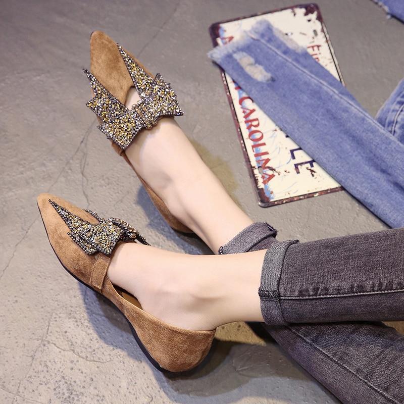 crystal bow-knot moccasins pointed toe flock loafers