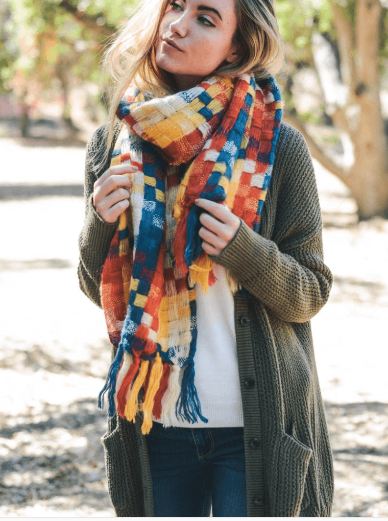 Beautiful Warm Blue, Red & Yellow Mix Patchwork Long Tassel Scarf