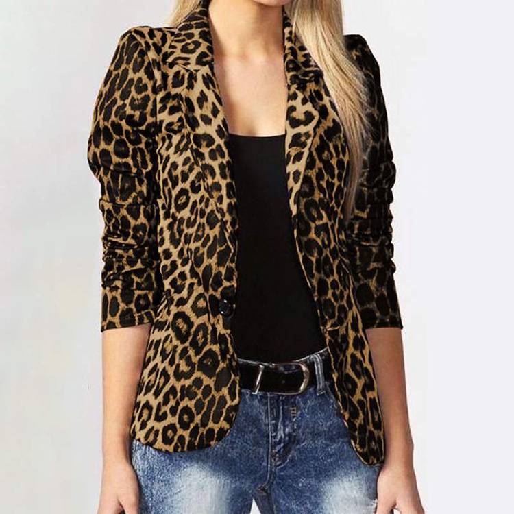 Shawl Collar Gathered Sleeve Leopard Print Blazer