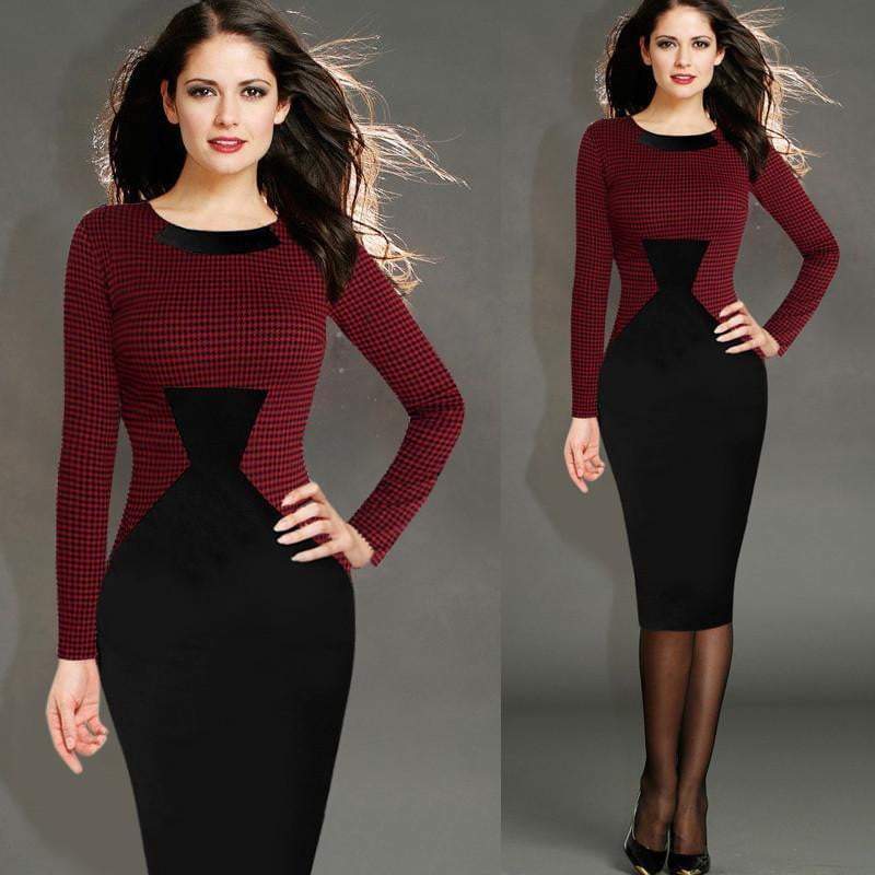 New 2015 Womens Elegant Vintage Red Houndstooth  Colorblock Tunic Wear Pencil Dress