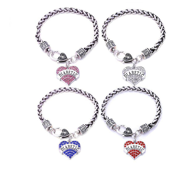 Womens Diabetic Medical Alert ID Bracelet - Pink, Blue, Clear or Red Crystal Hearts - Diabetes