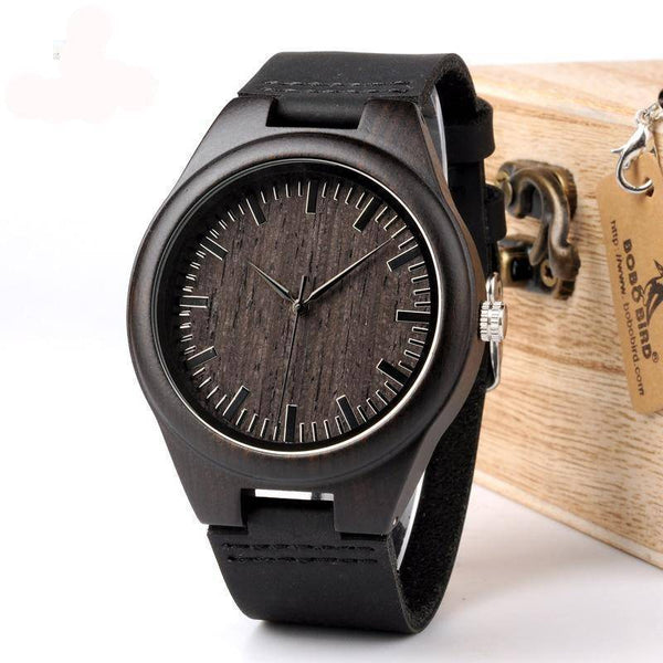 Mens Black Wooden Watch With Real Leather - Quartz, Natural Ebony Wood