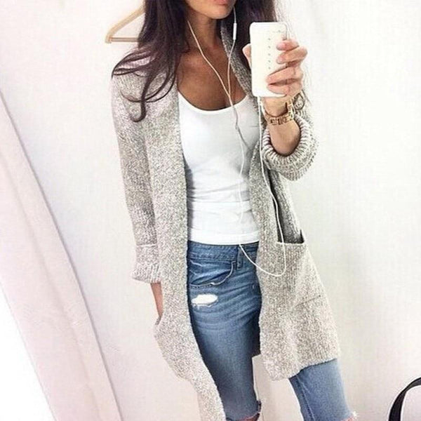 Grey Long Sleeve Loose Knitting Cardigan Sweater