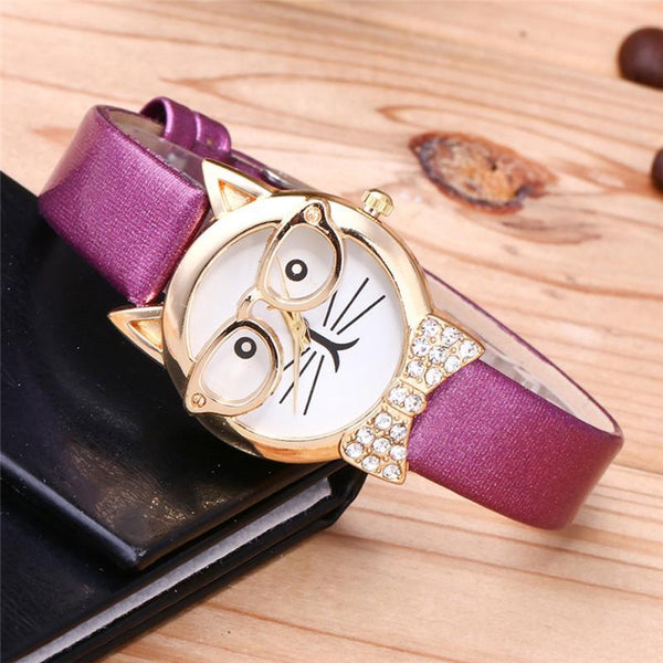 Attractive Funky Glasses Cat With Studded Stones And Genuine Leather Bracelet Women Watch